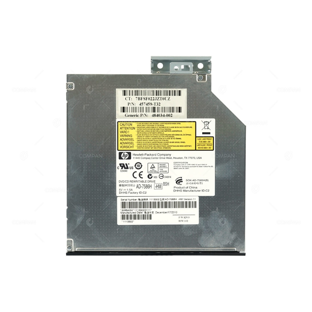 484034-002 HP CD-RW DVD-RW SATA SLIMLINE 12.7MM OPTICAL DRIVE FOR PROLIANT DL360, DL380, DL580 G6 G7 457459-T32, AD-7586H